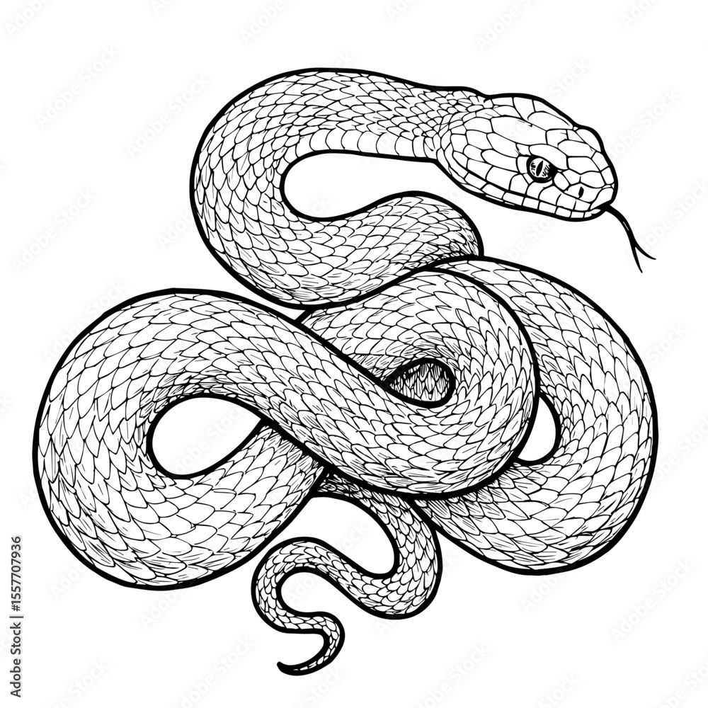 Obraz premium Detailed snake illustration for World Snake Day. This intricate drawing features scales and coils, perfect for nature documentaries, educational materials, or reptile-themed designs.