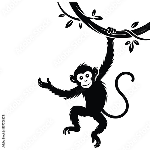 Monkey swinging silhouette on vine in minimalist black and white vector illustration