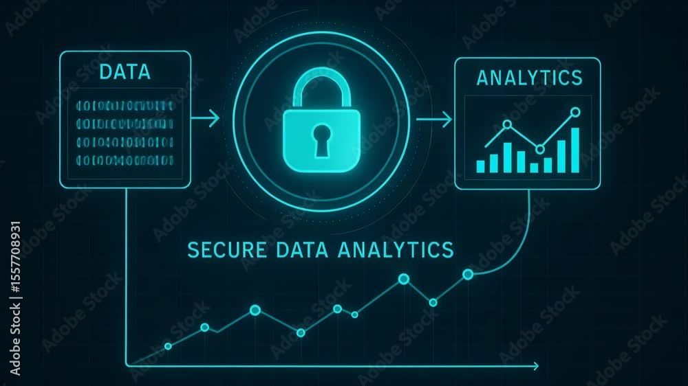 A modern graphic illustrating secure data analytics. Features a padlock symbolizing data protection, with flow charts and data sets visualizing analytical processes.