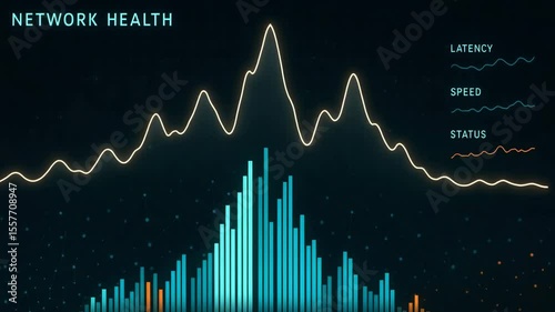 Visual representation of network health, showcasing latency, speed, and status metrics through vibrant waveforms and bar graphs that highlight performance trends.
