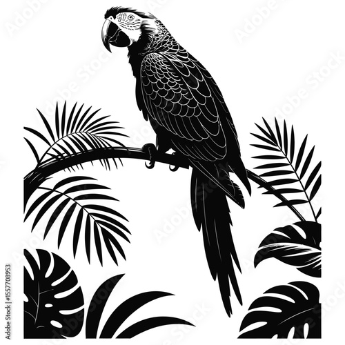 Flock of birds flying in V-formation for nature Parrot silhouette perched with tropical leaves for nature and exotic-themed vector design  and wildlife-themed vector design