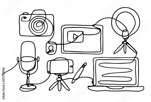 A set of blogging items drawn in line art style.