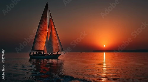 A golden sunset over a calm ocean, the surface rippling gently with light reflecting like molten metal, distant sailboat on the horizon