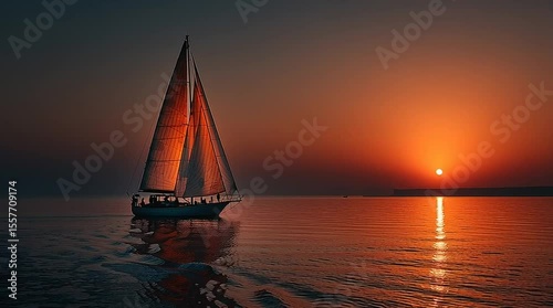 A golden sunset over a calm ocean, the surface rippling gently with light reflecting like molten metal, distant sailboat on the horizon