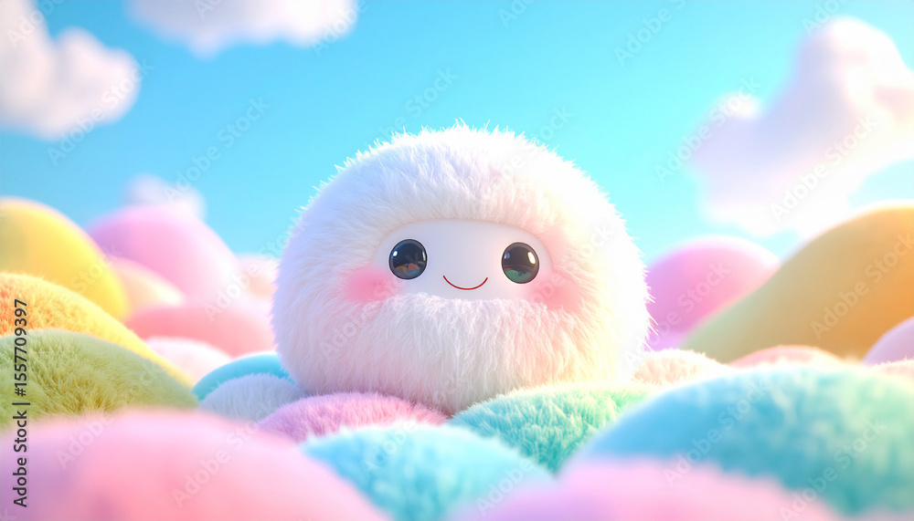Fototapeta premium cute fluffy round character with big smiling eyes, sitting among soft colorful fuzzy