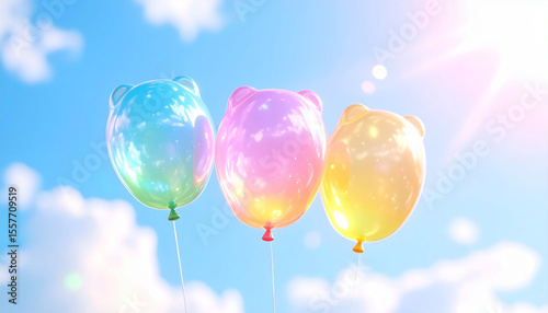 three glowing transparent gummy bear balloons floating in a bright blue sky