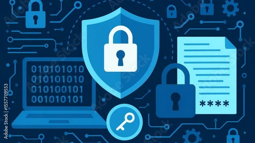 A visual representation of cybersecurity featuring a shield, padlocks, and digital elements, symbolizing data protection and information security in the modern digital age.