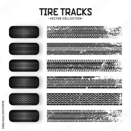 Grunge tire tracks, rubber wheels, and braking marks. Truck, car, or motorcycle tread pattern silhouettes. Perfect for auto racing, motorsport, and speed-related designs. Vector illustration
