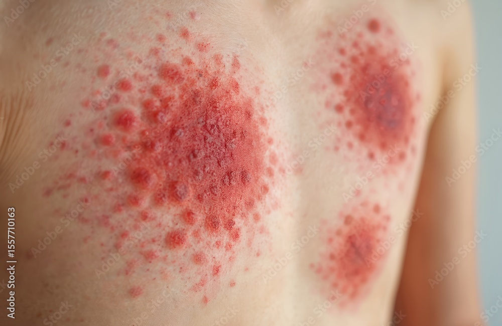 Fototapeta premium Close-up of painful red rash on human skin. Body affected by allergic reaction, skin disease. Spots pimples and inflammation. Medical healthcare problem.