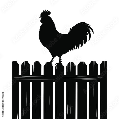 Rooster silhouette standing on wooden fence in minimalist black and white design