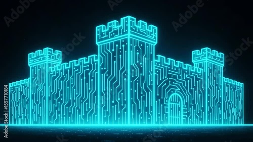A digital representation of a futuristic castle, glowing in neon blue, combining elements of traditional architecture with modern technology, symbolizing innovation and creativity.