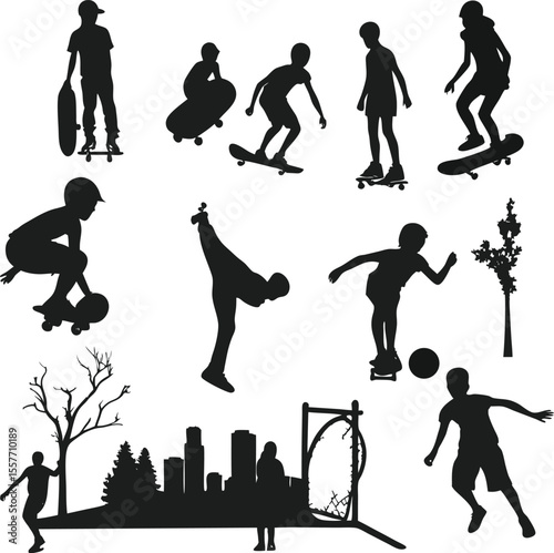 Silhouetted collection of skateboarders performing various tricks and poses in black and white