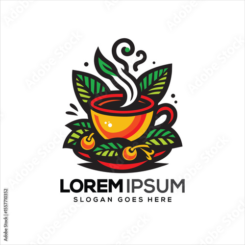 Cute Yellow Teacup with Leaf Accent and Red Handle – Whimsical Logo for Herbal Café, Cozy Drink Brand, or Nature-Inspired Beverage Identity