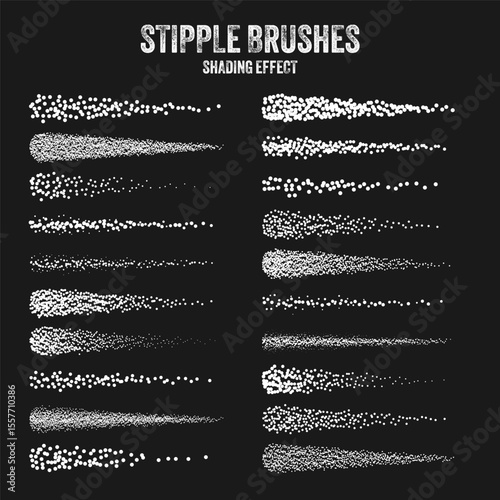Ink scatter brush, stipple drawing and texturing. Fading gradient. Stippling, dotwork drawing, shading using dots. Halftone disintegration effect. White noise grainy texture. Vector illustration