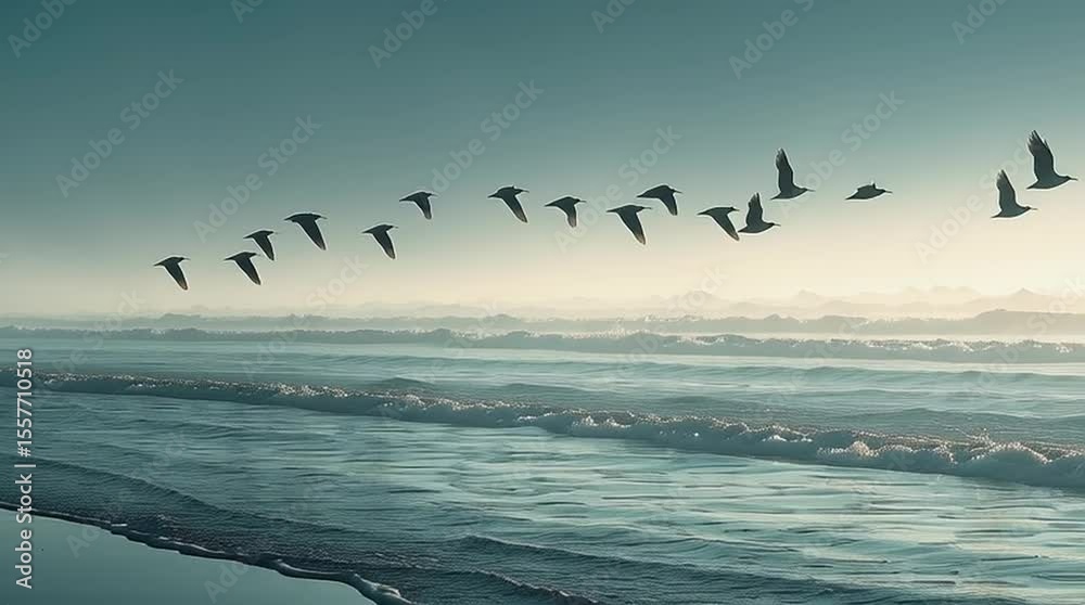 A flock of seabirds flying in formation just above the ocean surface at dawn, reflections shimmering on the smooth water