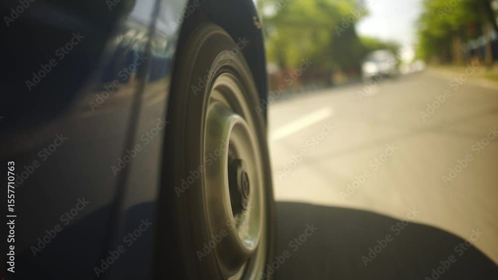 Close-Up of Old Car Tire Rolling on the Road – Dynamic Driving Footage