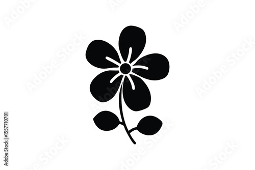 Simple Black and White Floral Icon: Minimalist Five-Petal Flower with Two Leaves, Elegant Botanical Illustration, Perfect for Branding, Websites, and App Design, Clean and Modern Style, Representing G