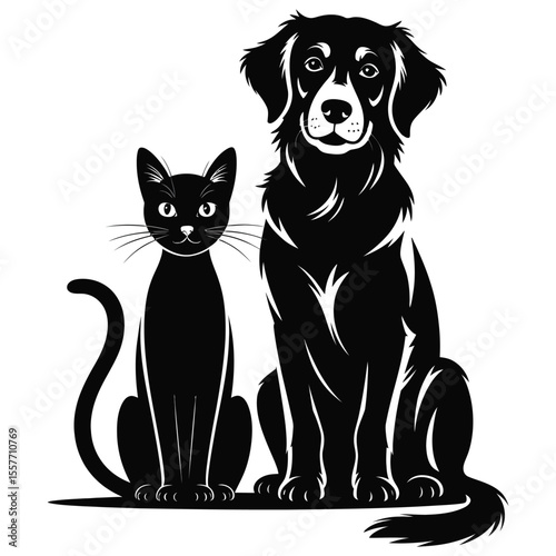 Silhouette of cat and dog sitting together in peaceful companionship on minimalist black and white background