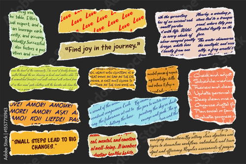 Ripped paper strips with handwritten text. Realistic crumpled paper scraps with torn edges. Shreds of notebook, book or old newspaper pages. Trendy collage elements. Vector illustration
