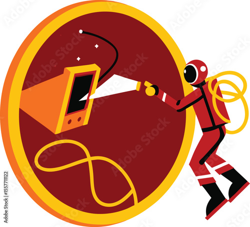 Vector illustration of an astronaut exploring a screen display inside a circular frame