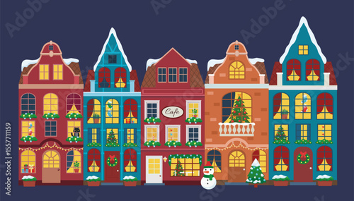 Vector illustration of european winter town. Flat design. Old houses.