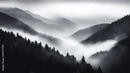 Ethereal Peaks: Monochrome Mountain Landscape Enveloped in Fog with Silhouetted Forest at Dusk