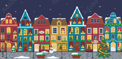 Vector illustration of european winter town. Flat design. Old houses.