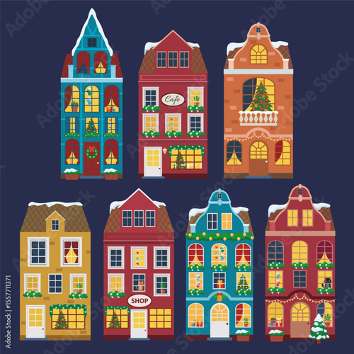 Vector illustration of european christmas houses. Flat design. Old houses.