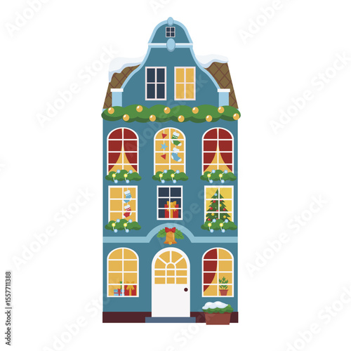 Winter Christmas european house vector flat illustration