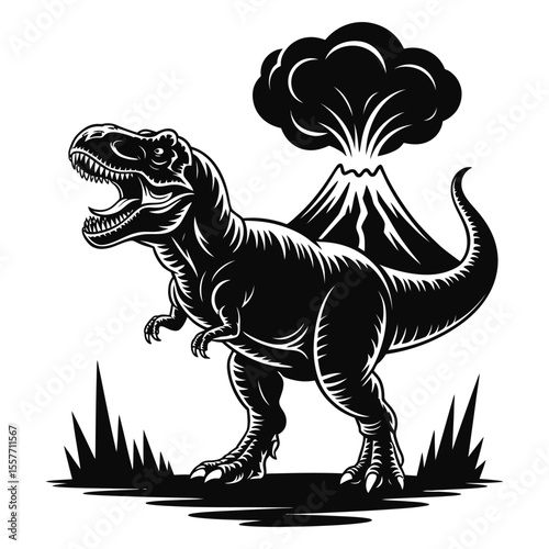 T-Rex silhouette roaring with volcano backdrop vector art on isolated black and white background
