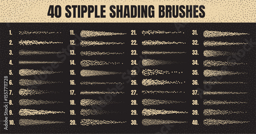 Ink scatter brush, stipple drawing and texturing. Fading gradient. Stippling, dotwork drawing, shading using dots. Halftone disintegration effect. White noise grainy texture. Vector illustration
