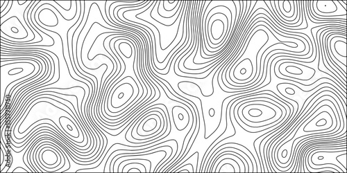 Abstract black and white contour line pattern that resembles a topographic map. Irregular, organic curves and loops with  terrain or elevation. Minimalist and monochrome, clean, scientific aesthetic