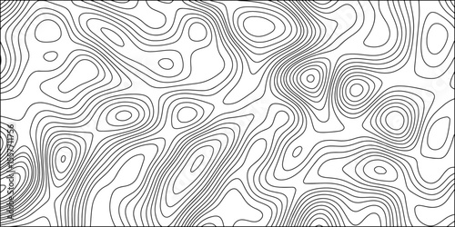 Abstract black and white contour line pattern that resembles a topographic map. Irregular, organic curves and loops with  terrain or elevation. Minimalist and monochrome, clean, scientific aesthetic