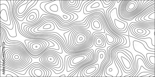 Abstract black and white contour line pattern that resembles a topographic map. Irregular, organic curves and loops with  terrain or elevation. Minimalist and monochrome, clean, scientific aesthetic