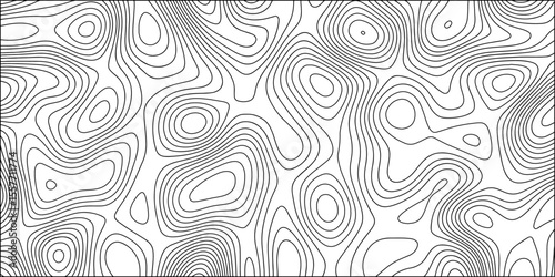 Abstract black and white contour line pattern that resembles a topographic map. Irregular, organic curves and loops with  terrain or elevation. Minimalist and monochrome, clean, scientific aesthetic