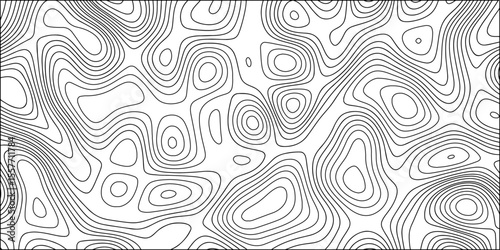 Abstract black and white contour line pattern that resembles a topographic map. Irregular, organic curves and loops with  terrain or elevation. Minimalist and monochrome, clean, scientific aesthetic