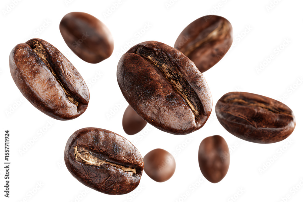 Obraz premium Roasted coffee beans falling on black background