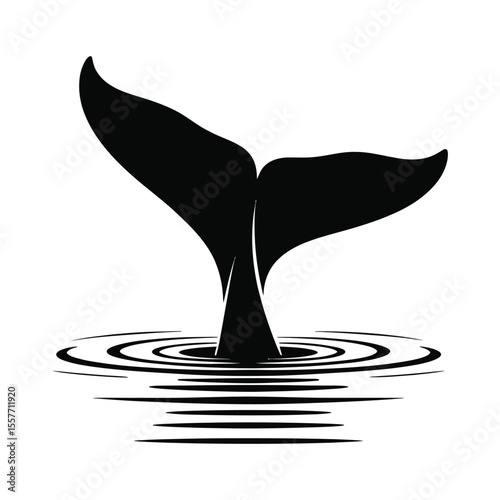 Whale tail silhouette breaching calm ocean surface with ripples in minimalist vector design