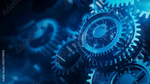 Abstract blue gear composition A close-up of blue gears interlocked in a complex machine system, symbolizing precision and efficiency, against a dark background.