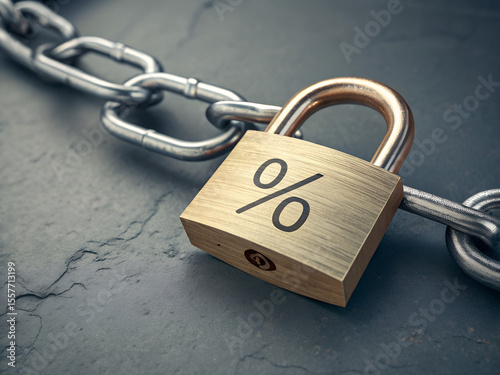 A padlock with a percent sign is locked onto a metal chain on a dark surface