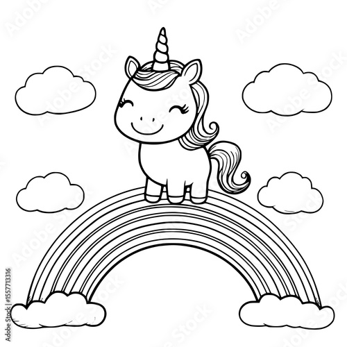 Süßes Einhorn auf Regenbogen Ausmalbild: Magische Malvorlage für Kinder