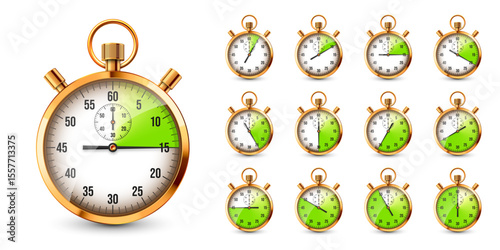 Realistic classic stopwatch. Shiny golden metal chronometer, time counter with dial. Green countdown timer showing minutes and seconds. Time measurement for sport, start, finish. Vector illustration