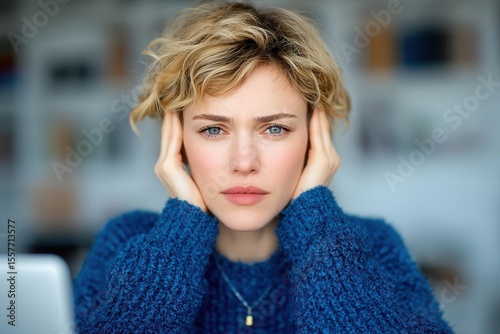 A woman with attractive features sits at a table, clutching her head, surrounded by a cup, laptop, book, and notebook, with a bookshelf visible in the background, in a conceptual photograph