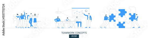 Office partnership, teamwork illustrations set in thin line style. Puzzle connection, corporate seminar abstract linear vector design concepts. Happy flat icons. Business people characters team build