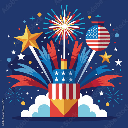 "Patriotic Celebration with Fireworks and American Symbols"