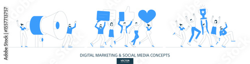Digital marketing, client feedback illustrations set in thin line style. Public review abstract linear vector design concepts. Social media survey flat icons. Business people characters team work.