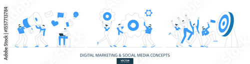 Digital marketing, efficient system illustrations set in thin line style. Company process abstract linear vector design concepts. Social media support flat icons. Business people characters team work.