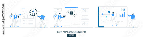 AI analysis illustrations set in thin line style. Data strategy abstract linear vector design concepts. Artificial intelligence technology process flat icons. Business people characters team work.