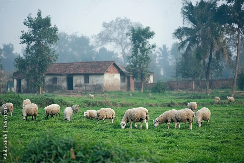 Flock of sheep grazing in a lush green field in rural North India during early morning hours, Domestic livestock animals in north India Flock of sheep graze on outdoor pasture Flock of sheep grazing in a lush green field in rural North India during early morning hours, Domestic livestock animals in north India Flock of sheep graze on outdoor pasture