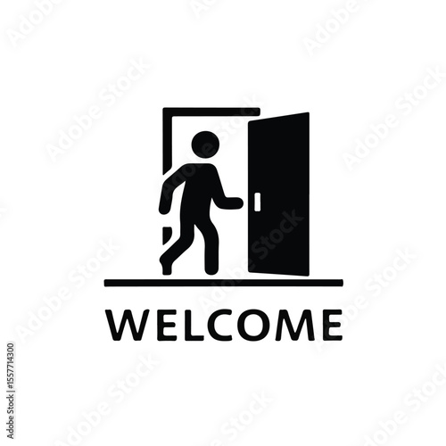 Welcome icon graphic illustration featuring a figure entering a doorway, representing entry and hospitality for businesses and services.